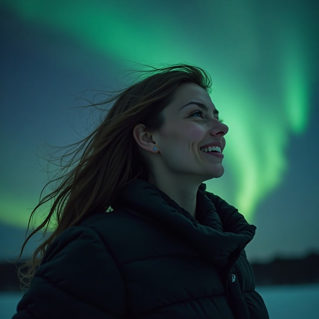 Smiling brunette woman with long hair, beautiful breasts, d Smiling brunette woman with long hair, beautiful breasts, dressed in black, on an exhilarating nighttime journey to admire the majestic northern lights dancing in the sky
