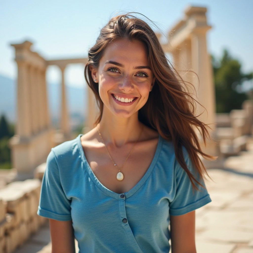 Beautiful smiling woman with a lovely bust, wearing a blue t-shirt, in an ancient Greek temple Beautiful smiling woman with a lovely bust, wearing a blue t-shirt, in an ancient Greek temple