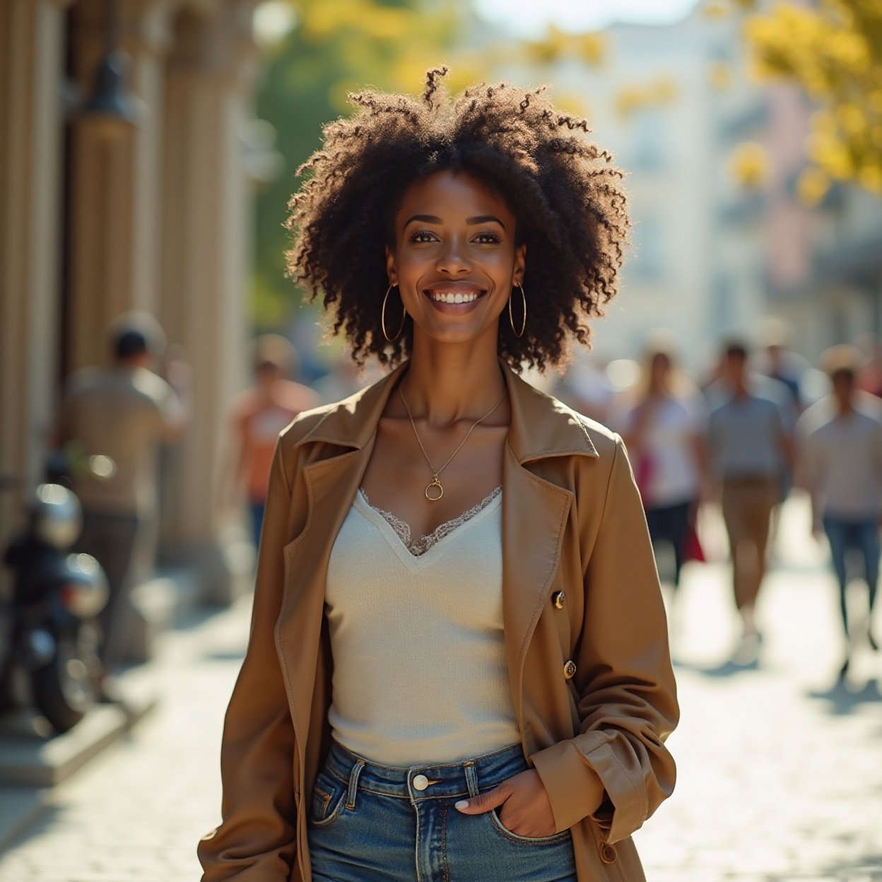 A beautiful black smiling woman with a lovely figure dressed in chic clothes strolling through town in the beautiful sunshine