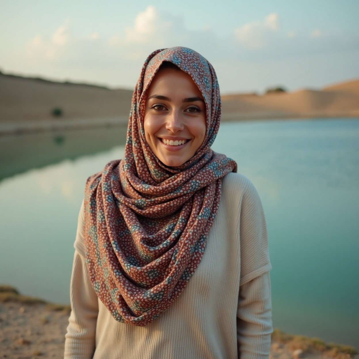 A beautiful, smiling Arab woman discovers a lake