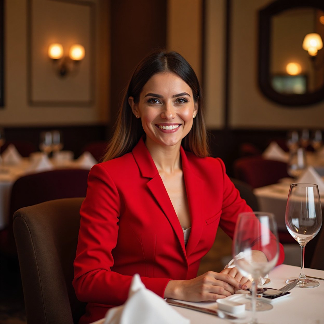 A beautiful, smiling Arab woman in a red suit dining at Fine Dining A beautiful, smiling Arab woman in a red suit dining at Fine Dining