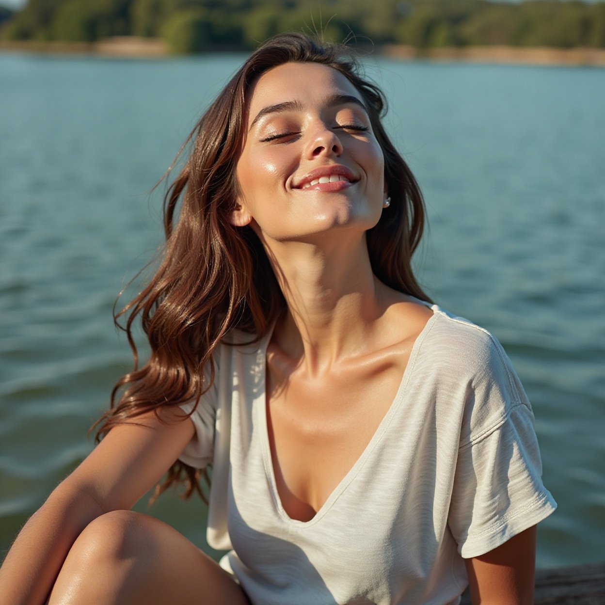 A beautiful, smiling Arab woman with a lovely bust, wearing a low-cut t-shirt, is napping by a lake A beautiful, smiling Arab woman with a lovely bust, wearing a low-cut t-shirt, is napping by a lake.