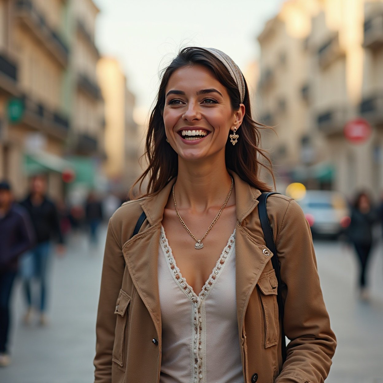 A beautiful, smiling Arab woman with a lovely chest walking in the city