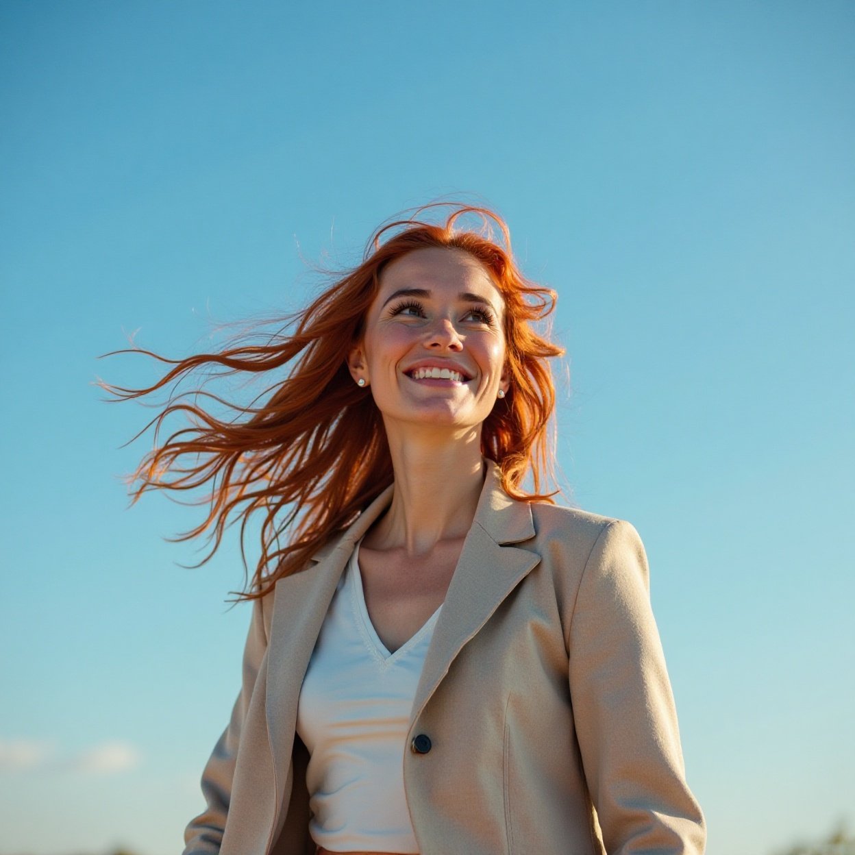 A beautiful, smiling Arab woman with red hair, walking and looking at the blue sky A beautiful, smiling Arab woman with red hair, walking and looking at the blue sky