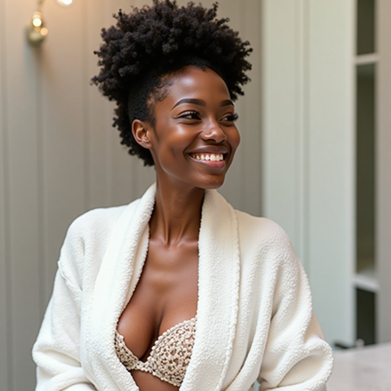 A beautiful, smiling Black woman in a bathrobe with a lovely bust - Spa Experiences A beautiful, smiling Black woman in a bathrobe with a lovely bust - Spa Experiences