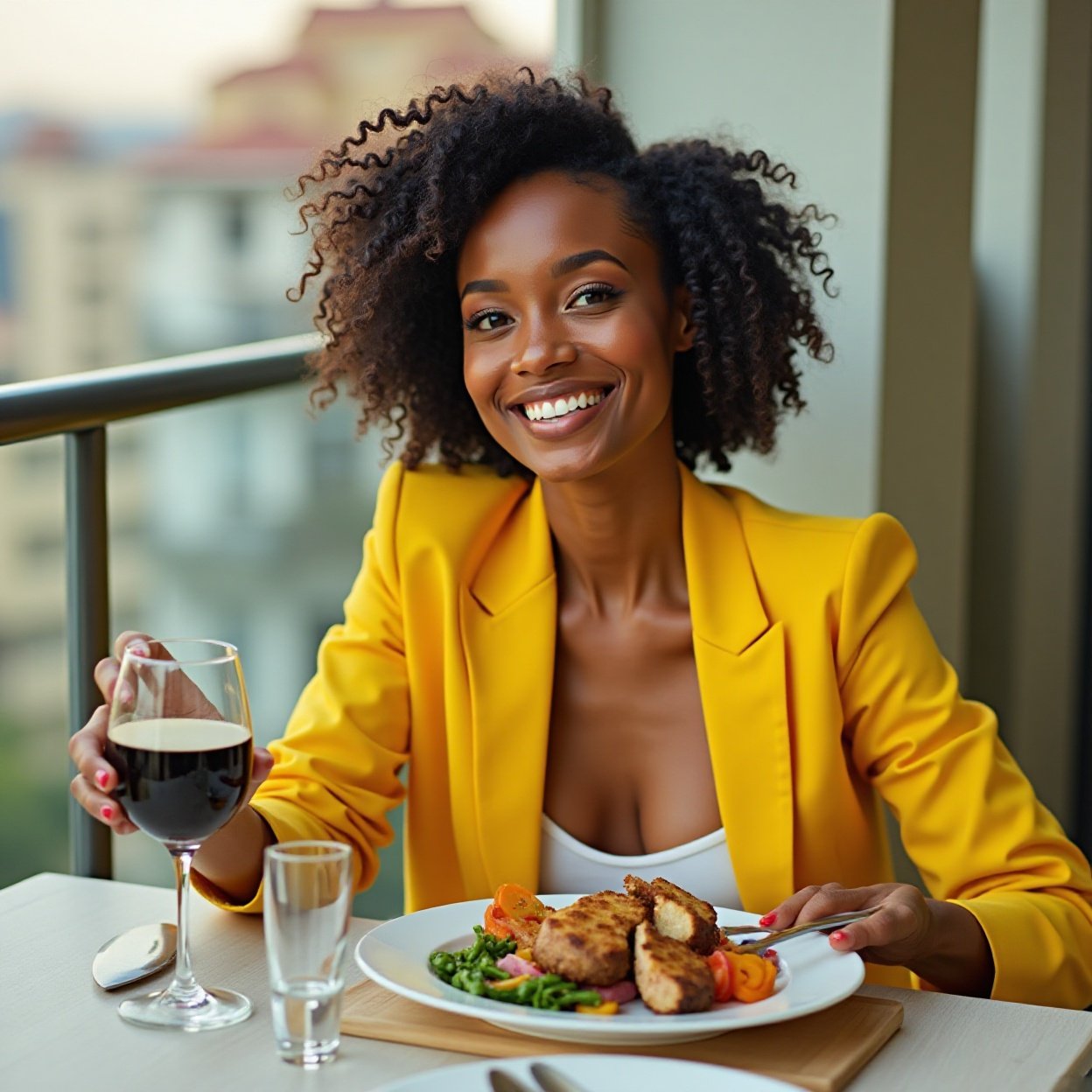 A beautiful, smiling Black woman in a yellow suit with a low neckline and a lovely bust is dining on a balcony. Fine Dining A beautiful, smiling Black woman in a yellow suit with a low neckline and a lovely bust is dining on a balcony. Fine Dining