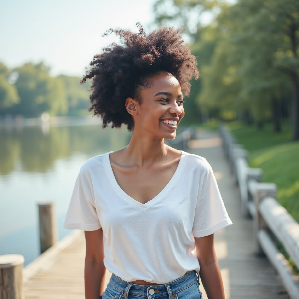 A beautiful, smiling Black woman, wearing a bright white low-cut t-shirt, is taking a stroll on a lakeside dock