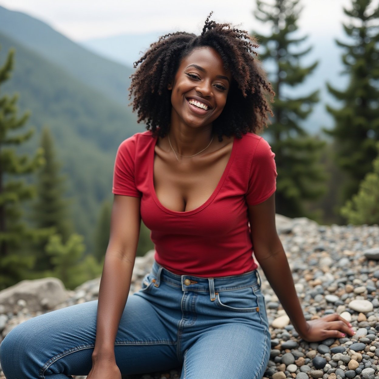 A beautiful, smiling Black woman, wearing a low-cut red t-shirt and jeans, with a lovely bust, is sitting on rocks in a mountain. A beautiful, smiling Black woman, wearing a low-cut red t-shirt and jeans, with a lovely bust, is sitting on rocks in a mountain.