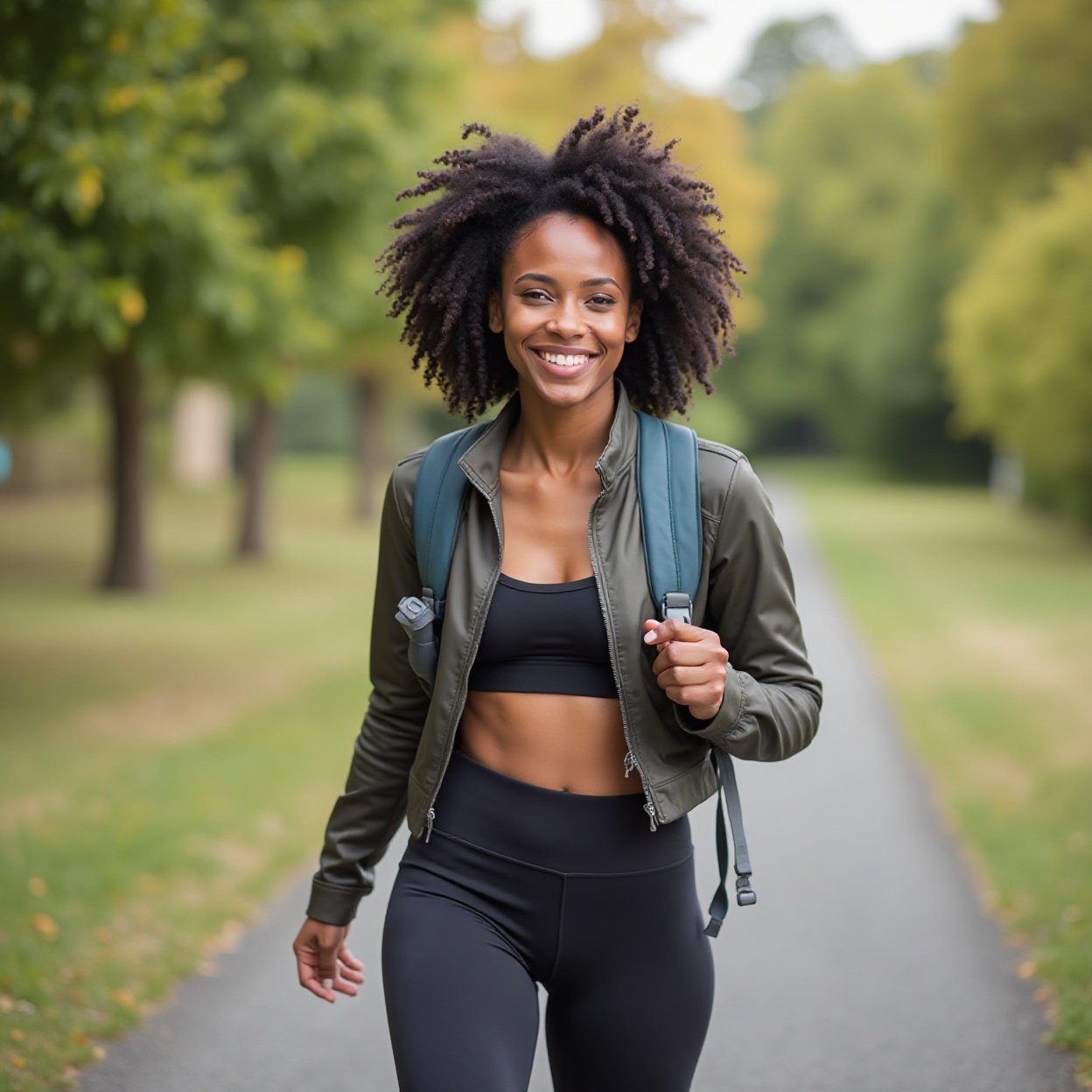 A beautiful, smiling Black woman with a backpack, wearing sportswear with her midriff exposed, is walking along a path