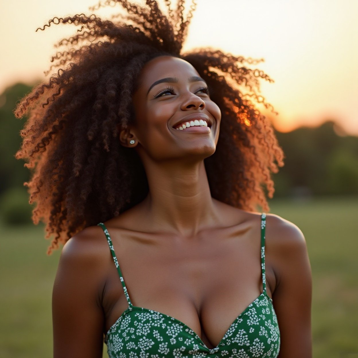 A beautiful, smiling Black woman with a lovely bosom, wearing a green and white dress, gazing at the sky during the golden hour.