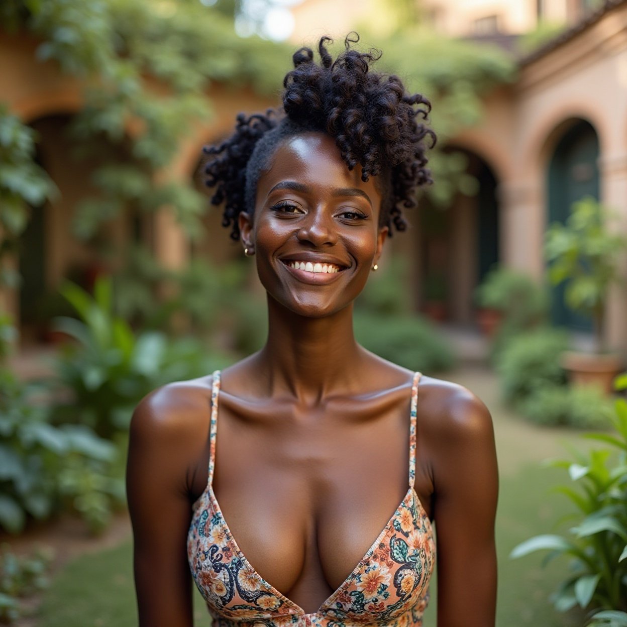 A beautiful, smiling Black woman with a lovely bust in a peaceful courtyard A beautiful, smiling Black woman with a lovely bust in a peaceful courtyard