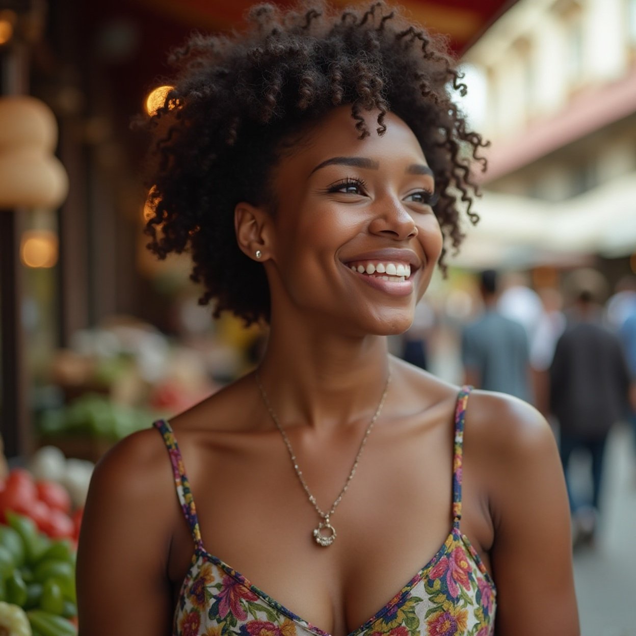 A beautiful, smiling Black woman with a lovely chest looking into a market