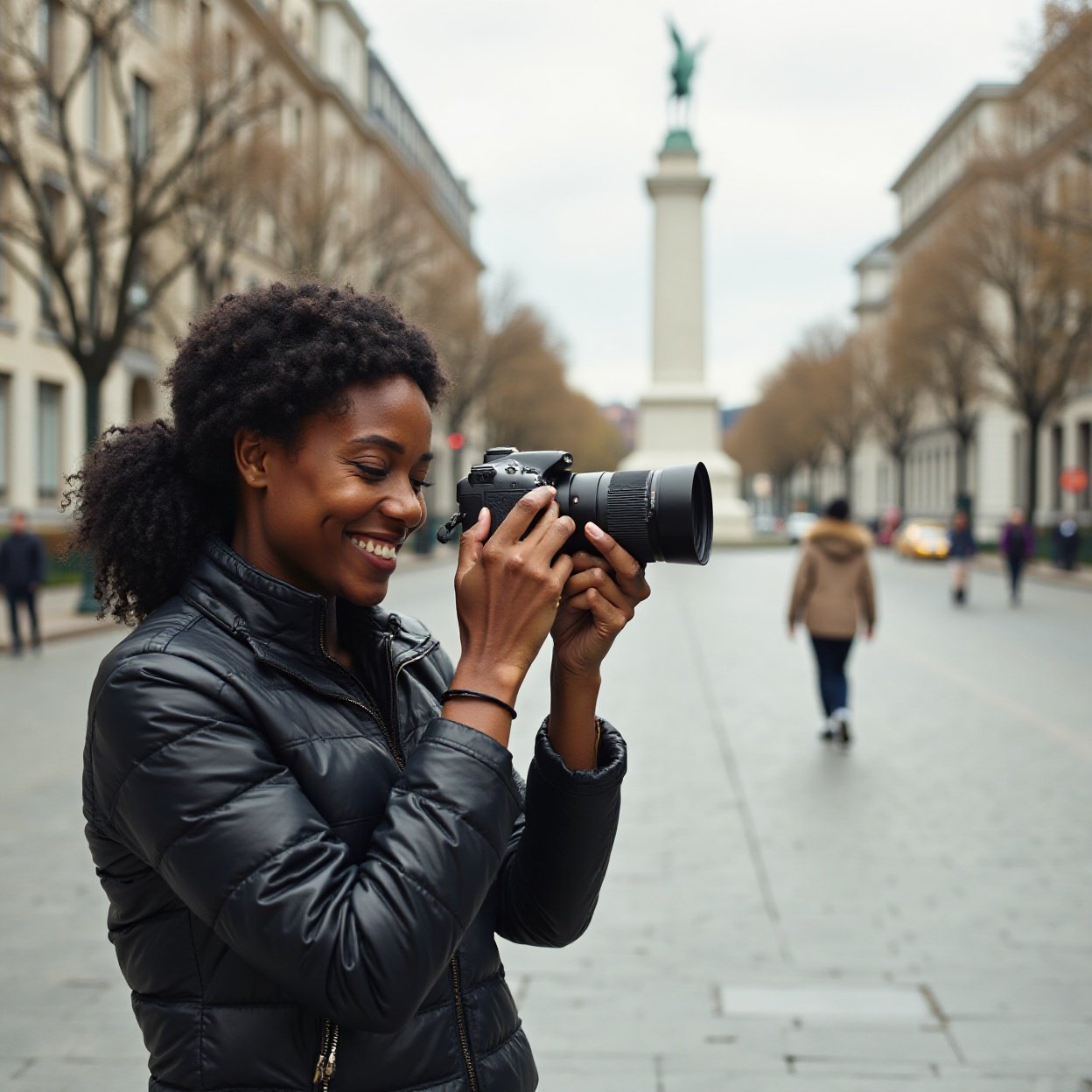 A beautiful, smiling Black woman with a lovely figure is photographing monuments in the street.