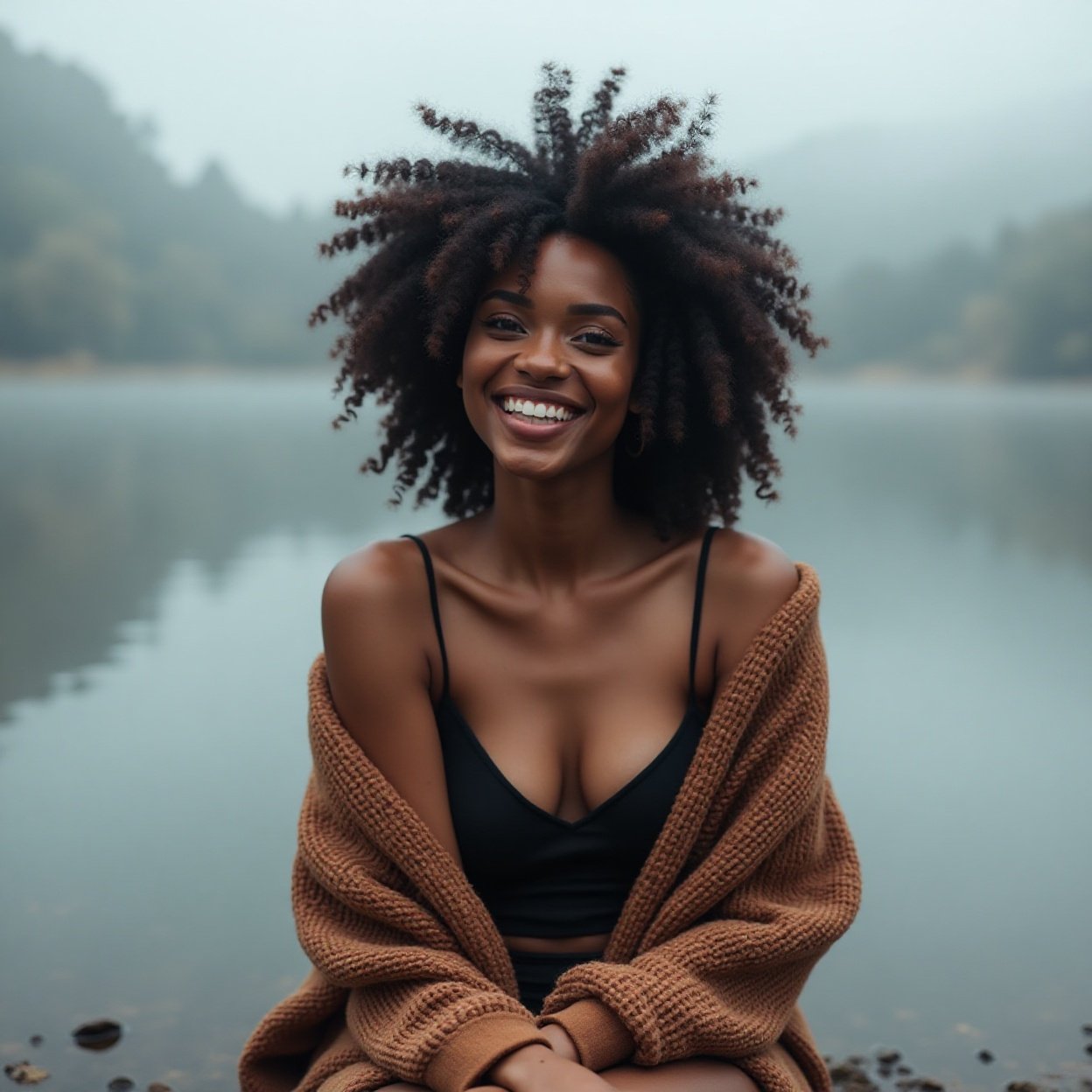 A beautiful, smiling Black woman with a lovely figure is sitting with a shawl over her shoulders, surrounded by the mist of a lake. A beautiful, smiling Black woman with a lovely figure is sitting with a shawl over her shoulders, surrounded by the mist of a lake.