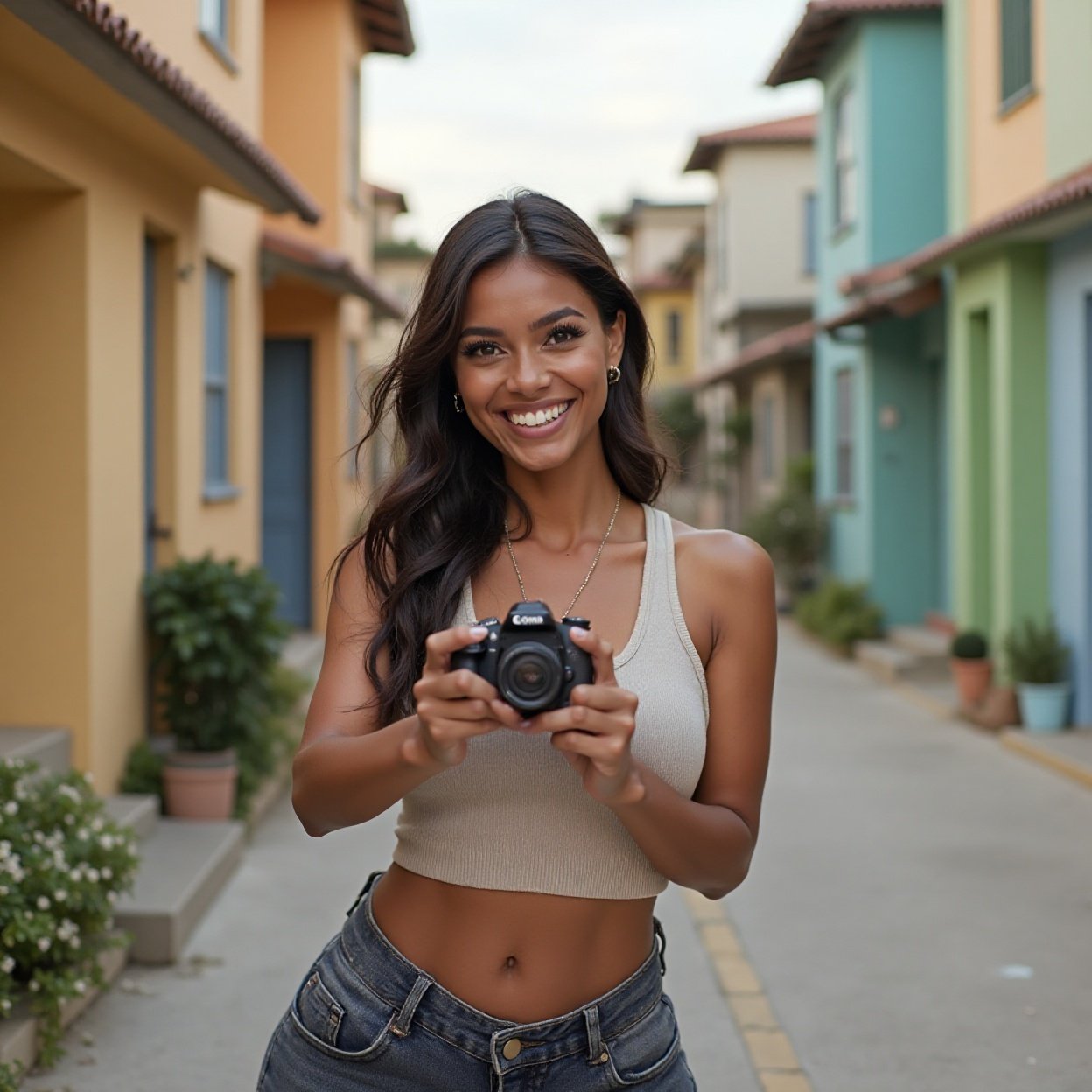 A beautiful, smiling Black woman with a lovely figure taking photographs in the street of the houses