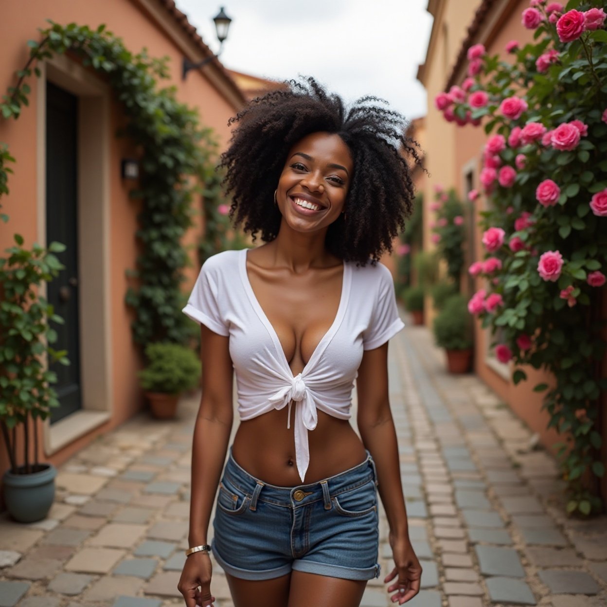 A beautiful, smiling Black woman with a lovely figure, wearing a low-cut t-shirt that reveals her navel and beautiful breasts, walks down a cobblestone alleyway lined with houses covered in roses.