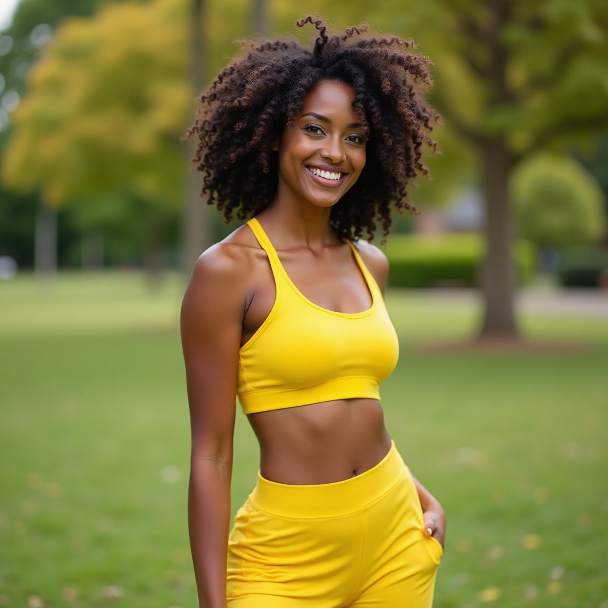 A beautiful, smiling Black woman with a lovely figure, wearing yellow sportswear, in a park