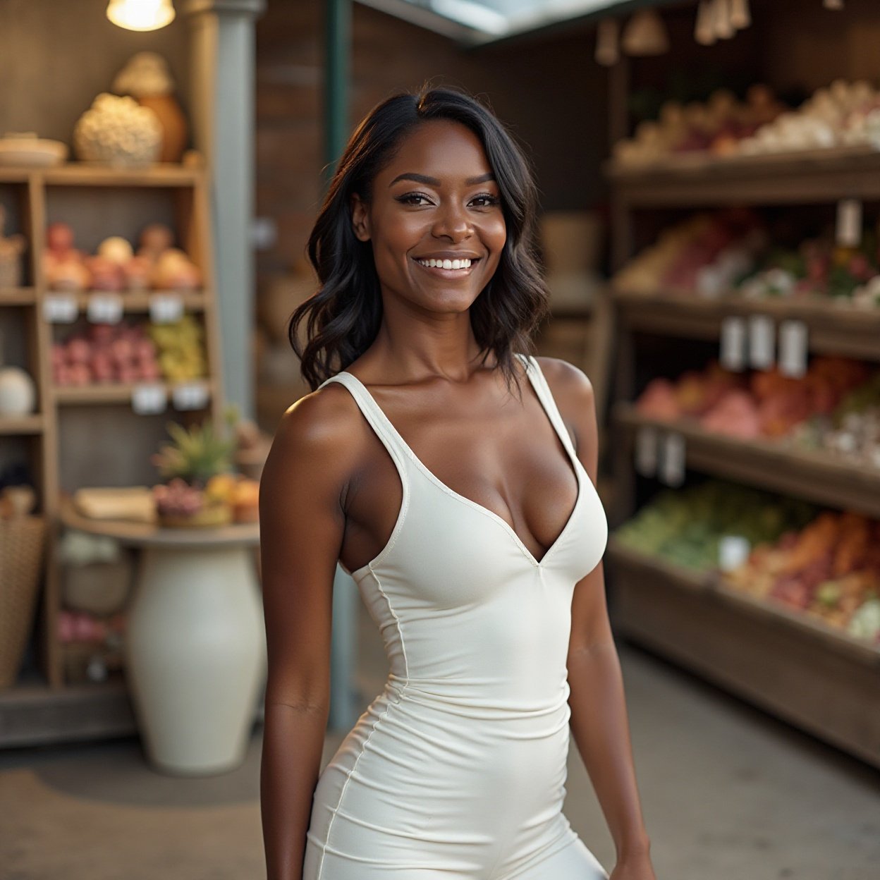 A beautiful, smiling Black woman with a stunning figure, dressed in white with a plunging neckline, local market