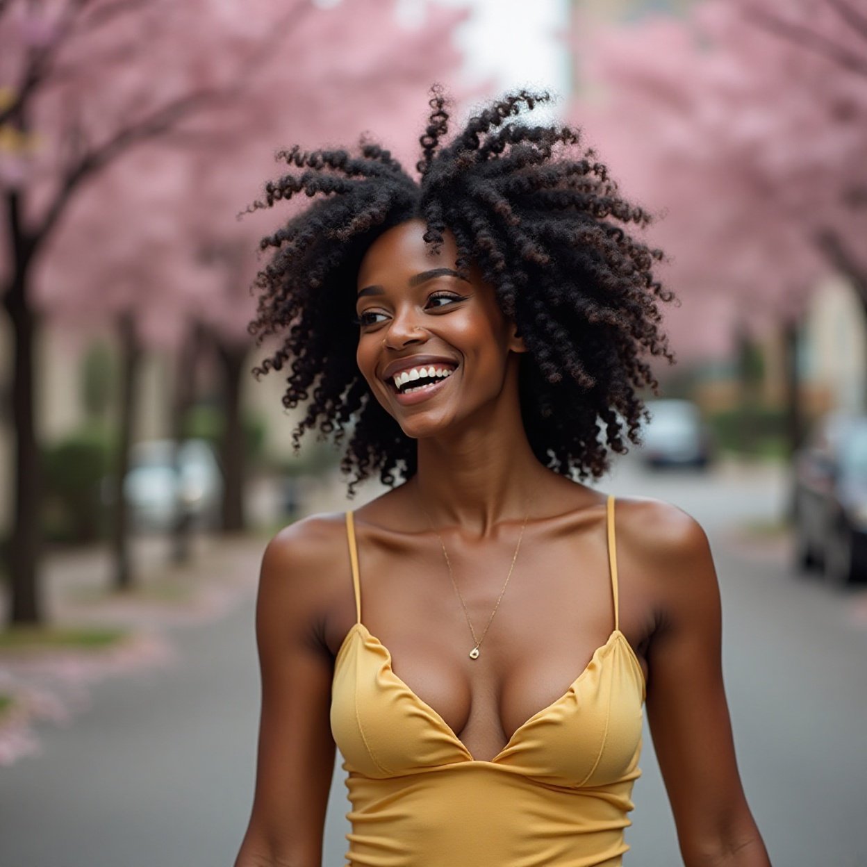 A beautiful, smiling Black woman with black hair and a beautiful chest, whom I am walking down a street where the trees A beautiful, smiling Black woman with black hair and a beautiful chest, whom I am walking down a street where the trees are in pink blossoms.
