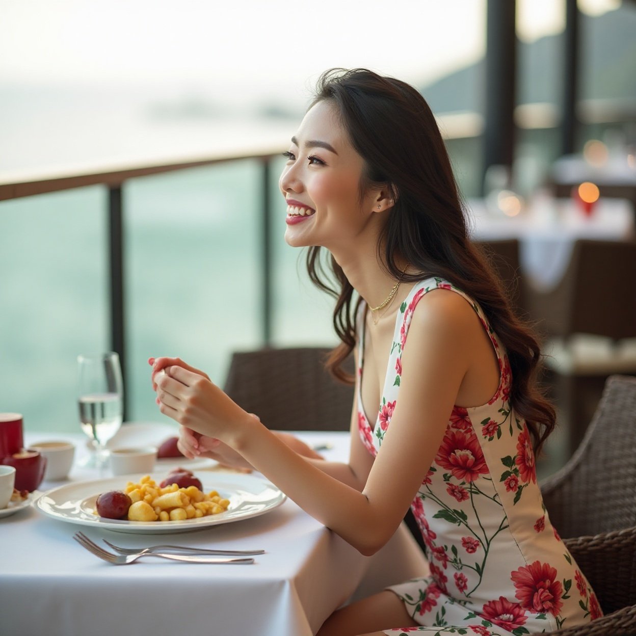 A beautiful, smiling Chinese woman in a floral dress dining on a balcony overlooking the sea. Fine Dining A beautiful, smiling Chinese woman in a floral dress dining on a balcony overlooking the sea. Fine Dining