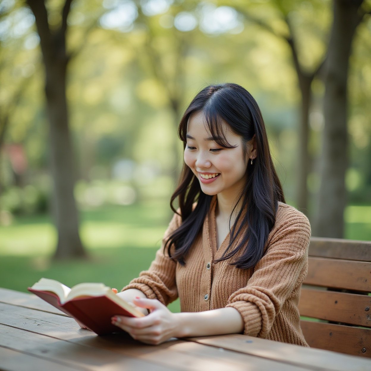 A beautiful, smiling Chinese woman reading a book at a table in a park A beautiful, smiling Chinese woman reading a book at a table in a park