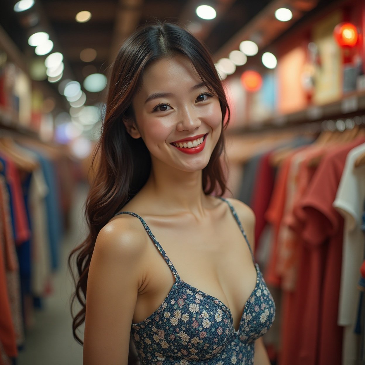 A beautiful smiling Chinese woman with a lovely bust in a clothing market
