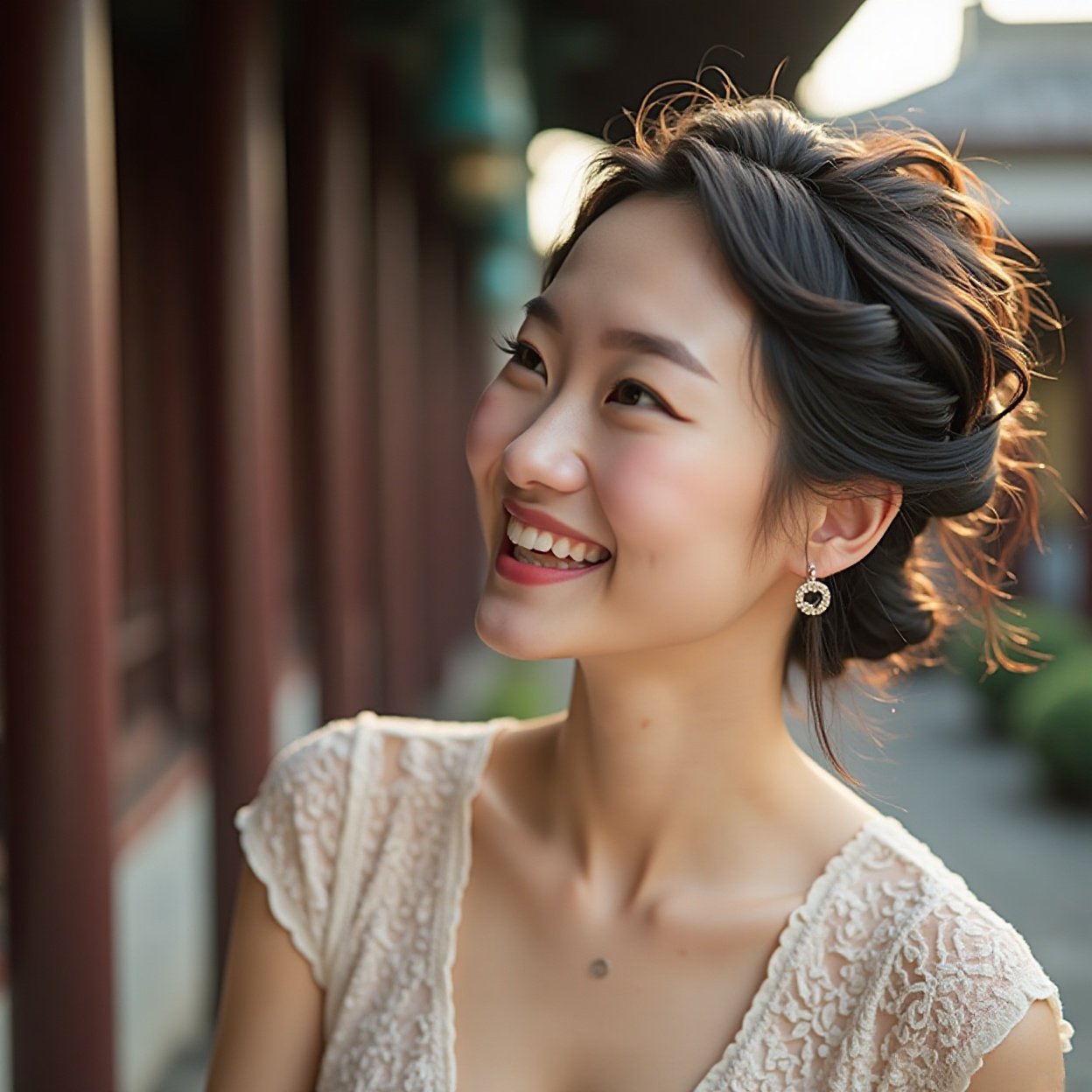 A beautiful smiling Chinese woman with a lovely chest, looking at architecture
