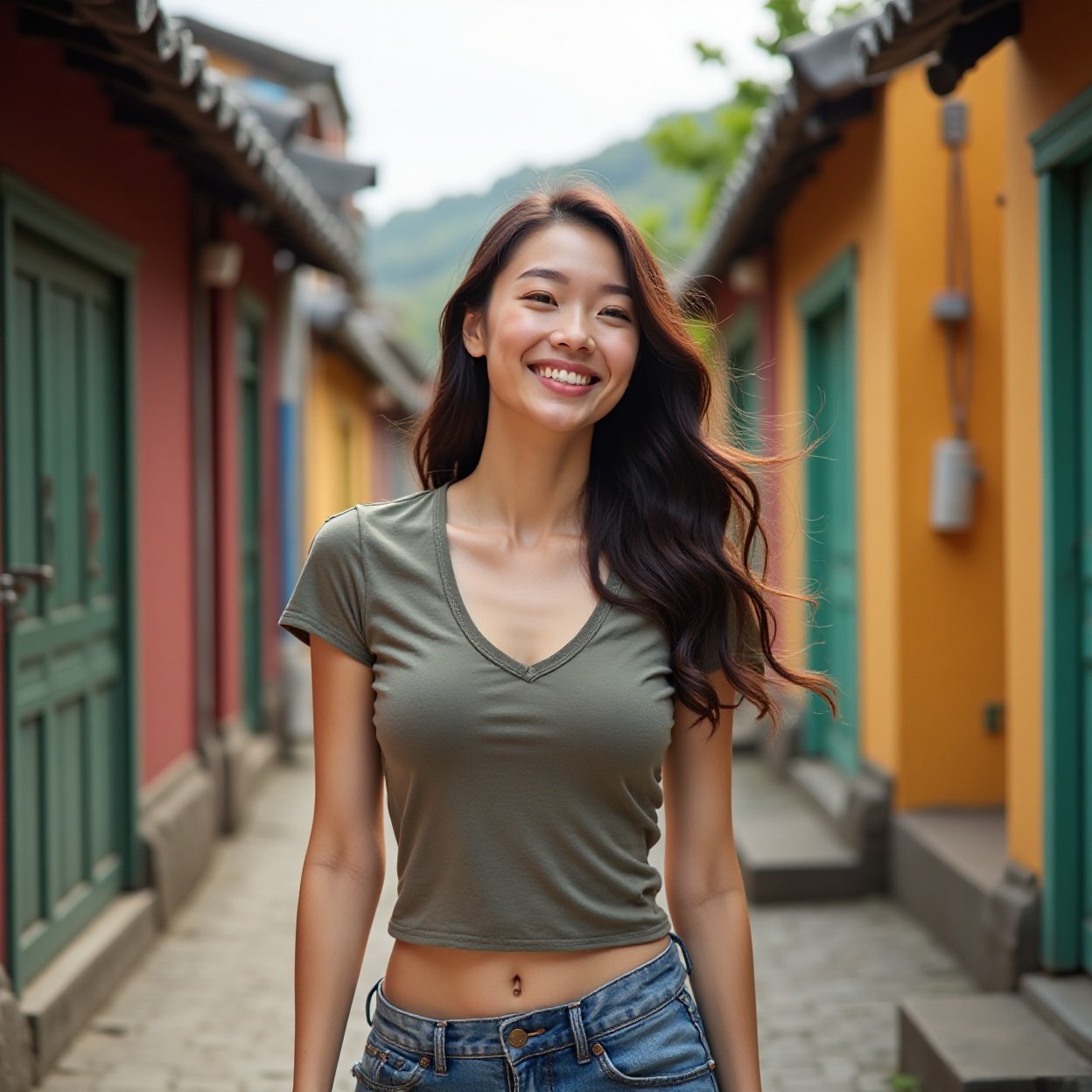 A beautiful, smiling Chinese woman with a lovely figure, dressed in a chic t-shirt with a low neckline and exposed navel, walks through a hidden area with colorful houses.