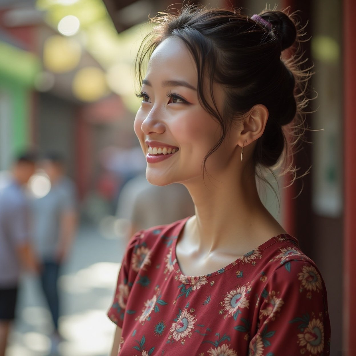 A beautiful, smiling Chinese woman with a lovely figure, looking at people