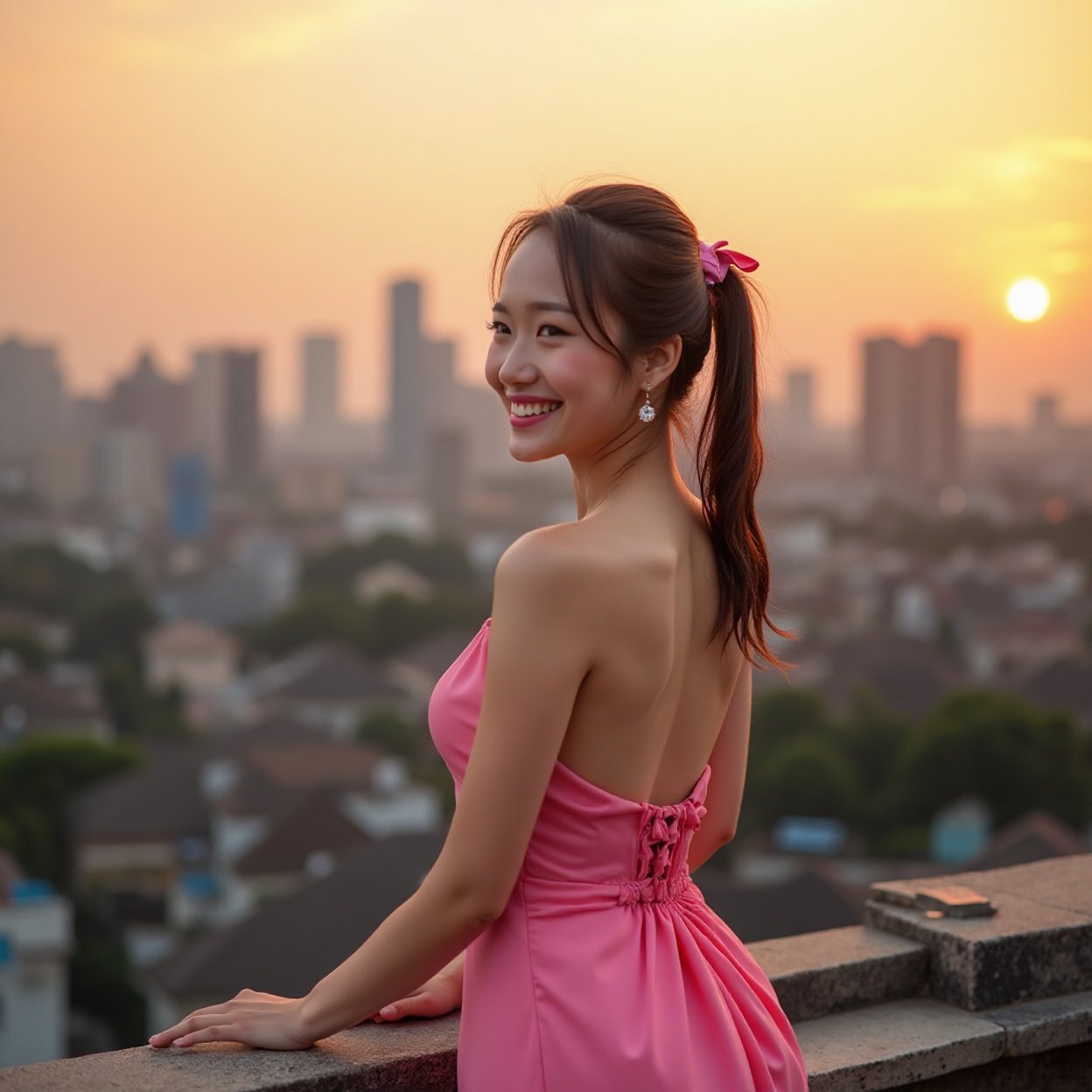 A beautiful, smiling Chinese woman with a lovely figure, wearing a pink dress with a slit and low neckline, on a rooftop terrace watching the sunset