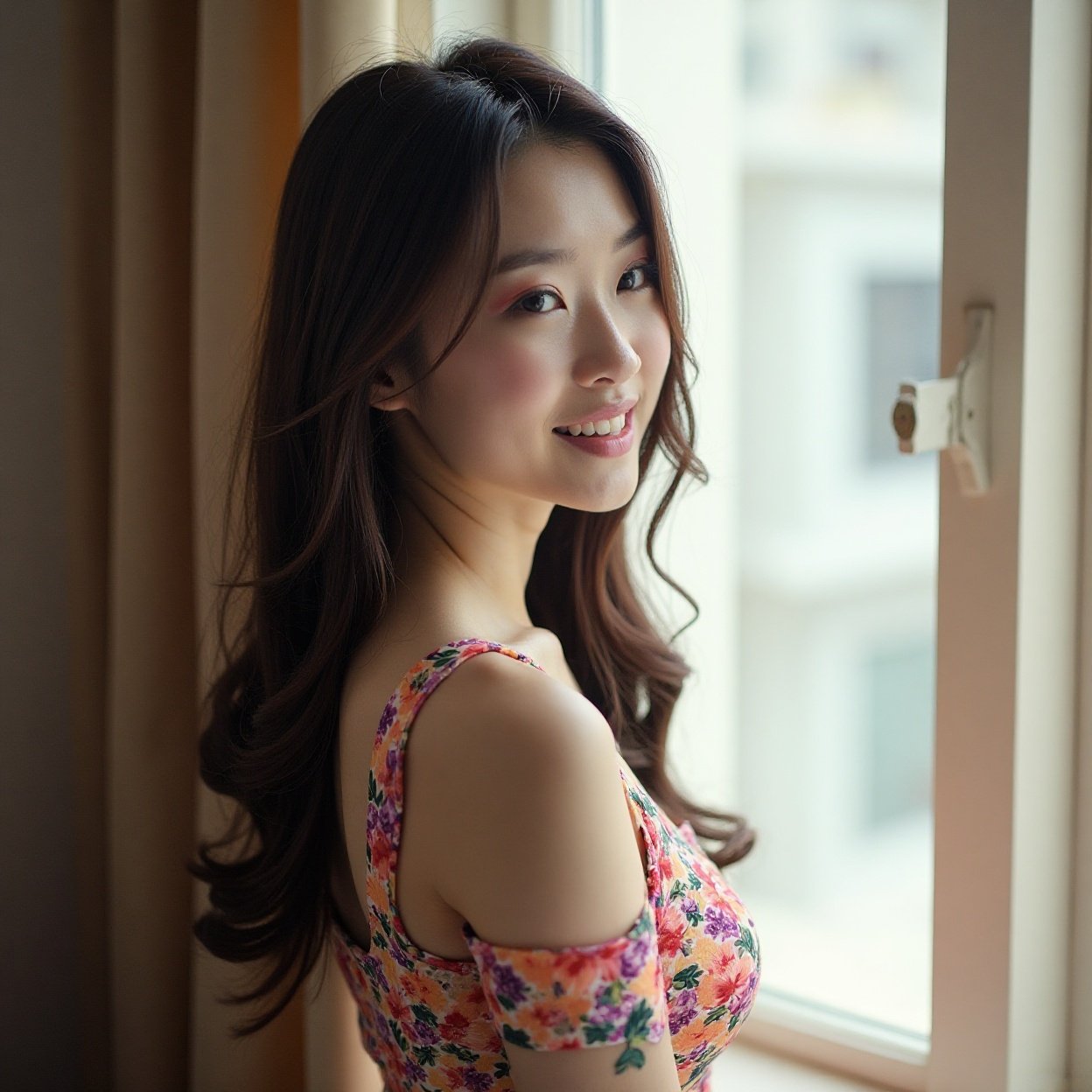 A beautiful, smiling Chinese woman with long hair, standing alone at the window A beautiful, smiling Chinese woman with long hair, standing alone at the window.
