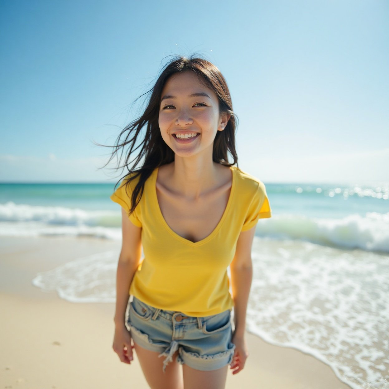 A beautiful, smiling Japanese woman, wearing a yellow t-shirt and shorts, sets off to explore the beaches.