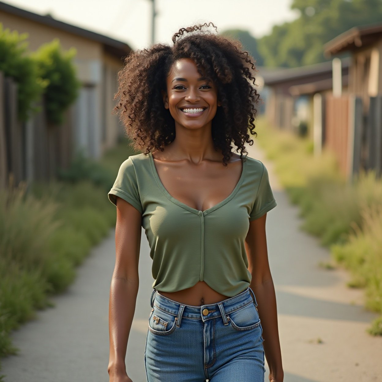 A beautiful, smiling black woman, wearing a low-cut green t-shirt and jeans, with a lovely bust, is walking down a coun A beautiful, smiling black woman, wearing a low-cut green t-shirt and jeans, with a lovely bust, is walking down a country alley.