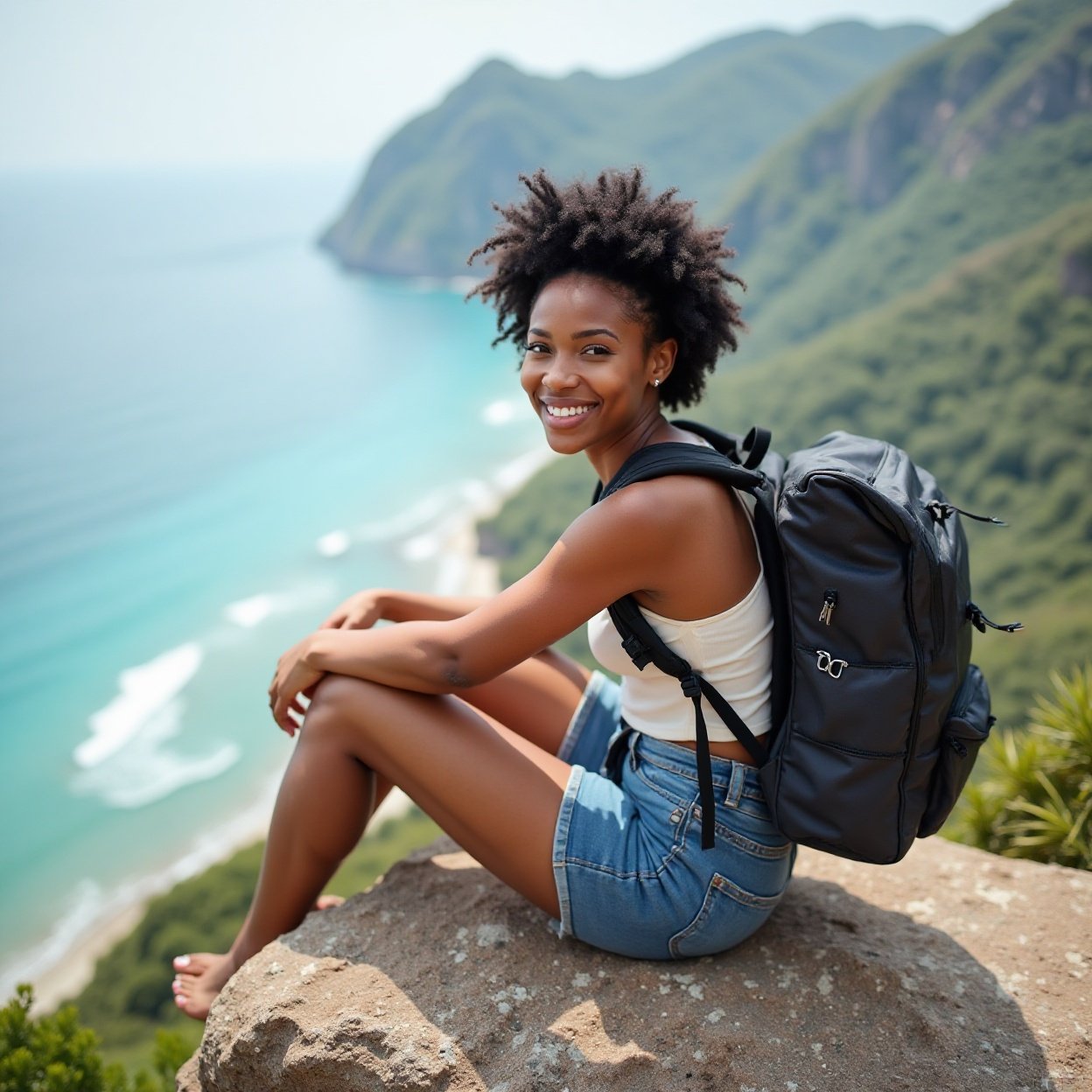 A beautiful, smiling black woman with a backpack, sitting on a rock, sets off to explore the beaches