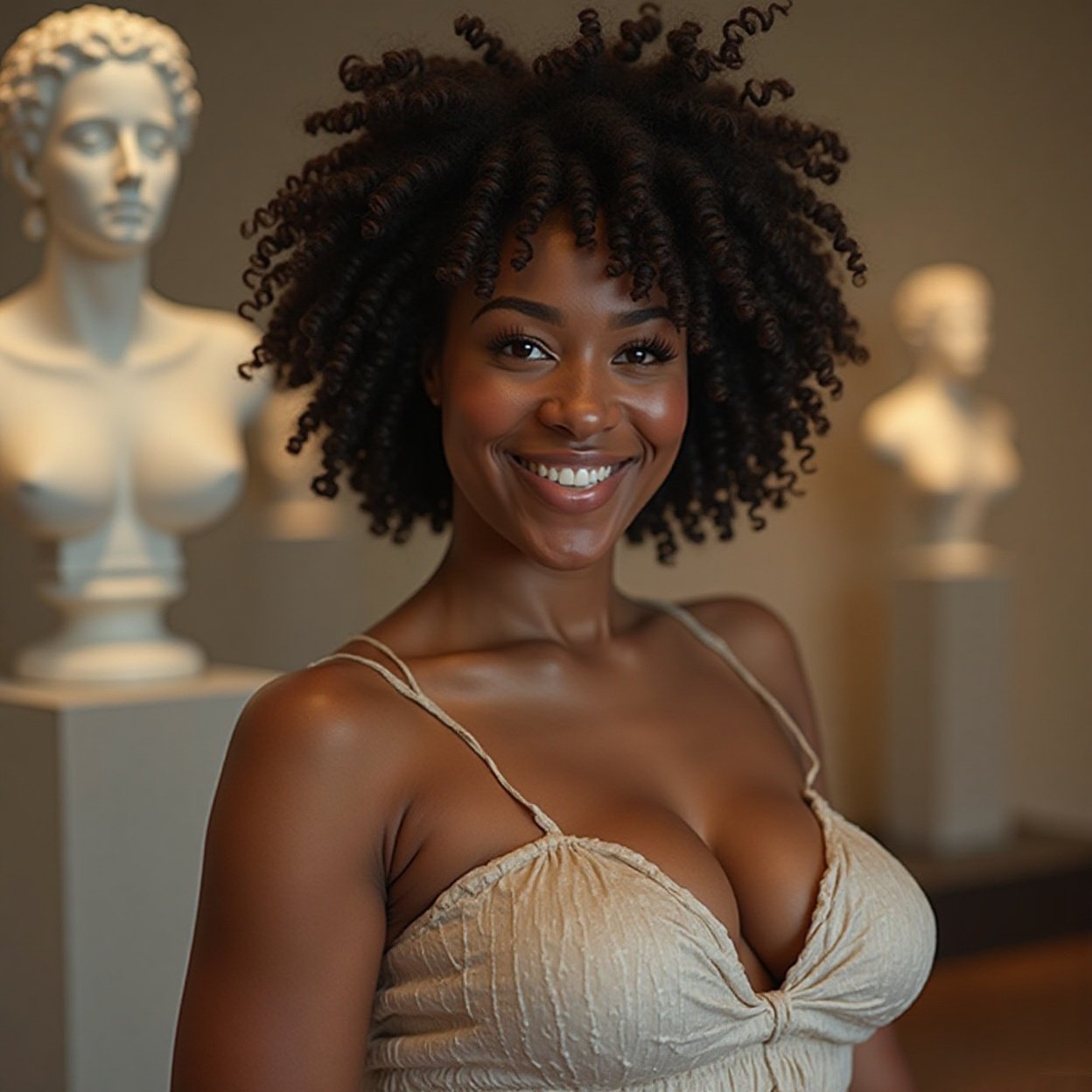 A beautiful, smiling black woman with a lovely bust in a museum