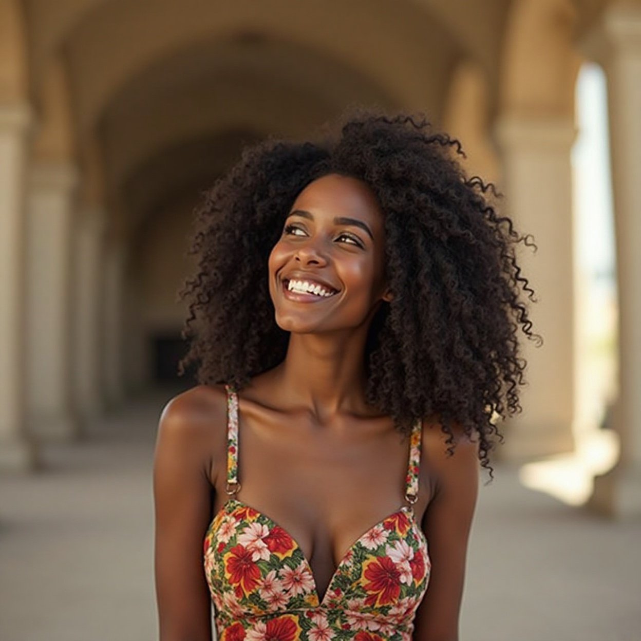 A beautiful, smiling black woman with a lovely chest, looking at the architecture.