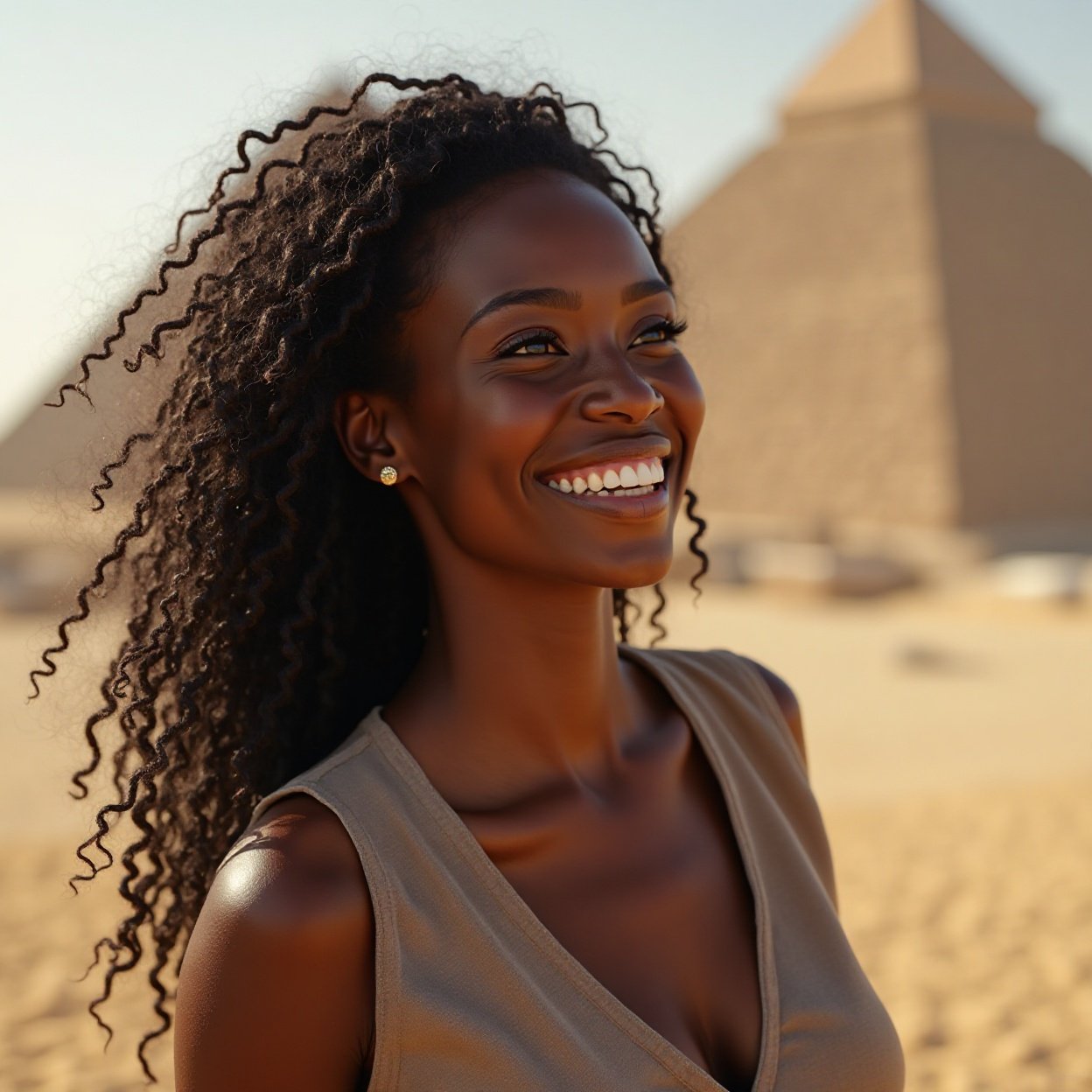A beautiful, smiling black woman with a lovely chest, looking at the pyramids
