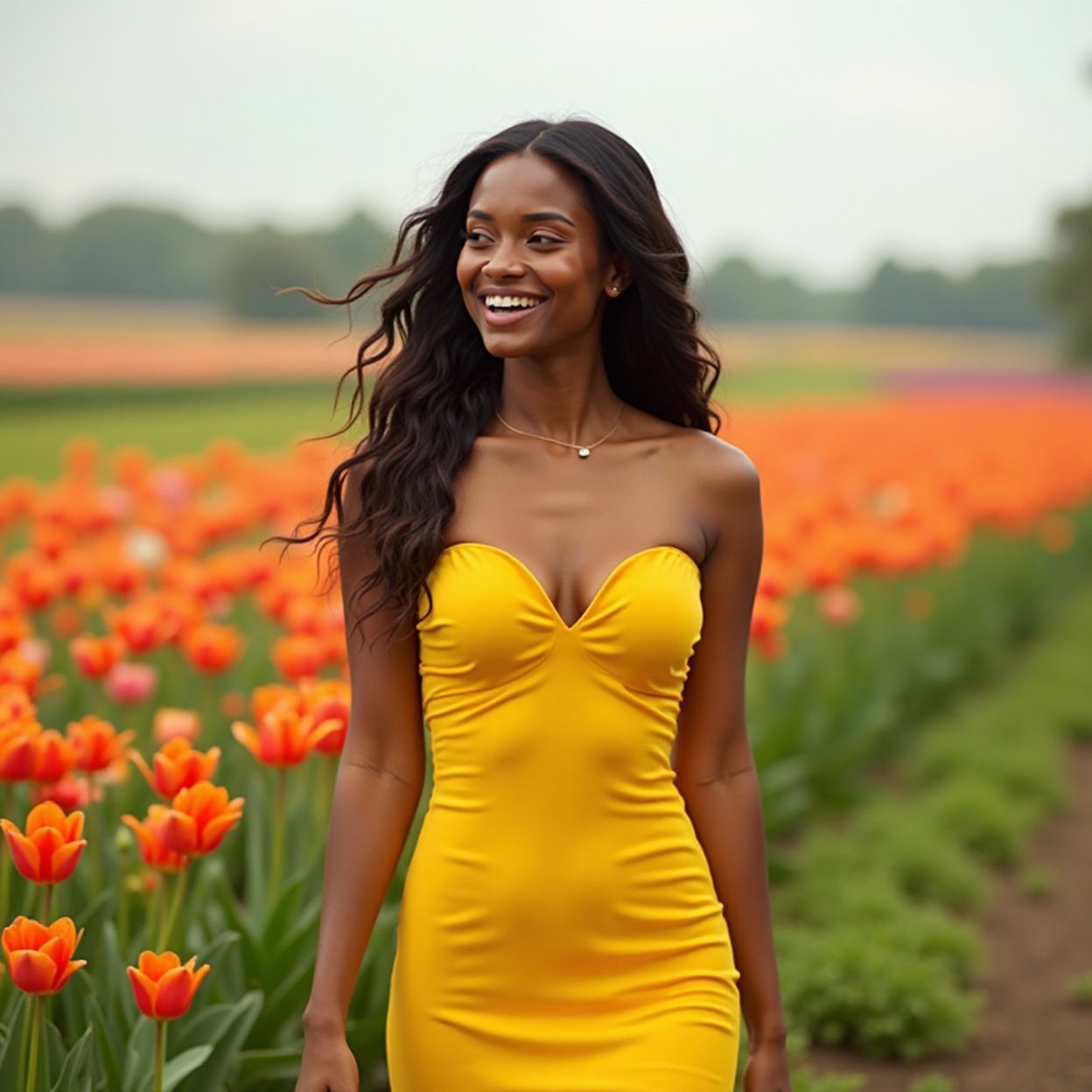 A beautiful, smiling black woman, with long hair, wearing a long, yellow, slit dress and a beautiful bust, is walking through a tulip field A beautiful, smiling black woman, with long hair, wearing a long, yellow, slit dress and a beautiful bust, is walking through a tulip field
