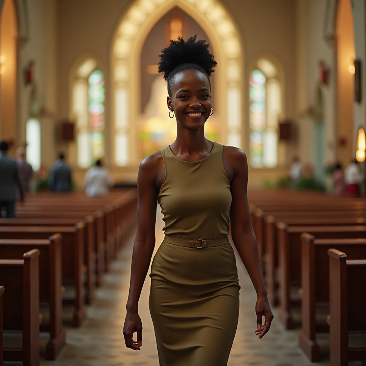 A beautiful, smiling, short-haired Black woman with a lovely figure, walking in a church