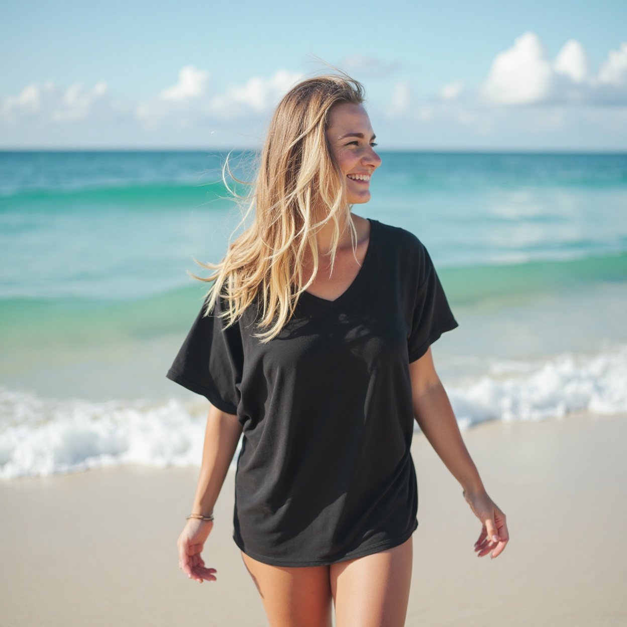 A beautiful, smiling woman, wearing a black t-shirt and shorts, sets off to explore the beaches