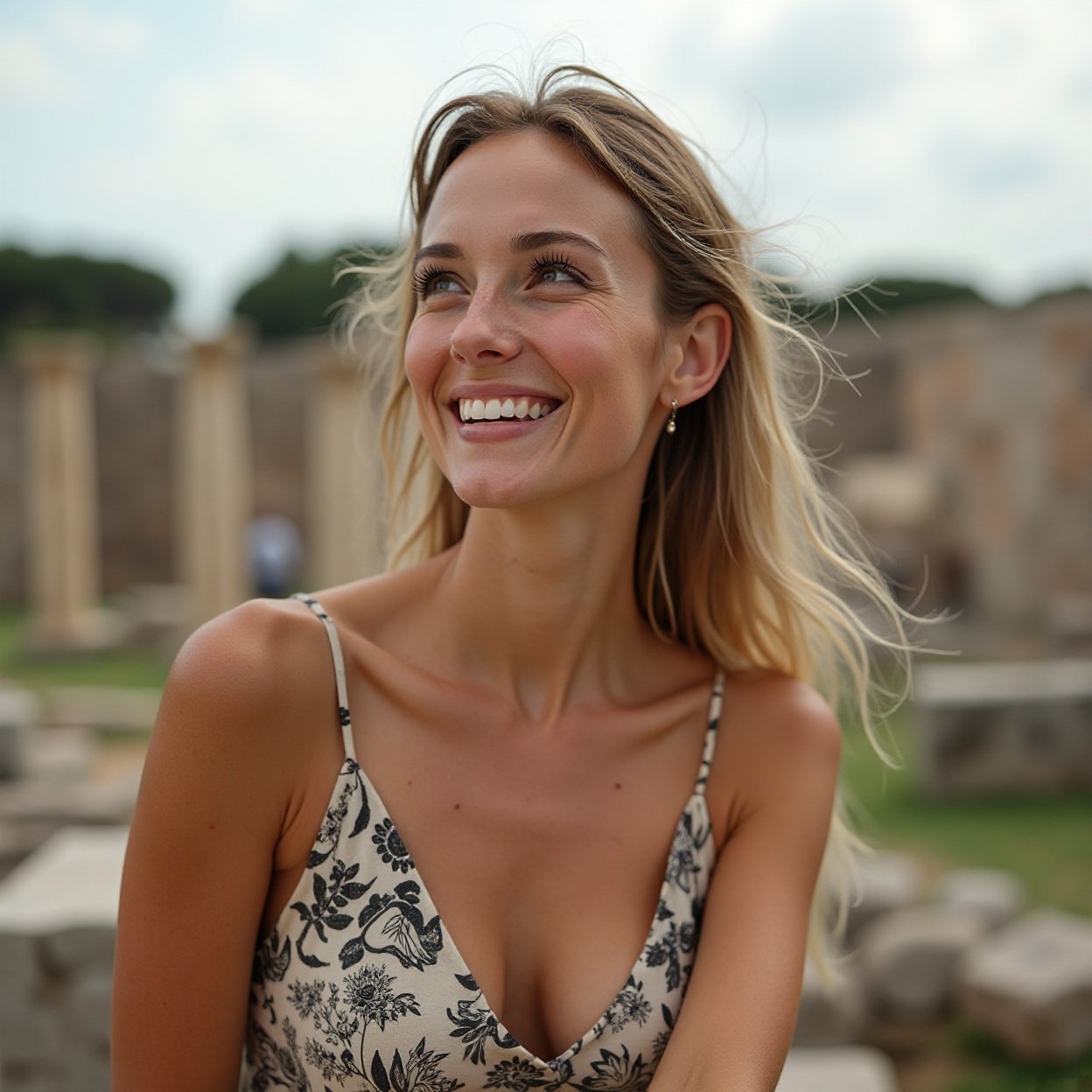 A beautiful smiling woman with a lovely bosom, looking at Roman ruins
