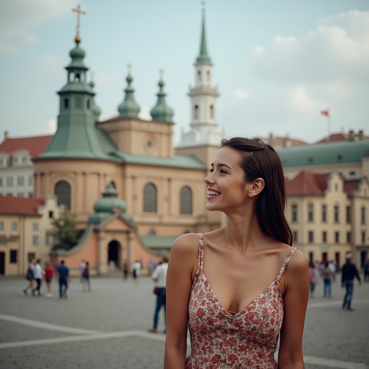 A beautiful smiling woman with a lovely bosom looking at historical landmarks