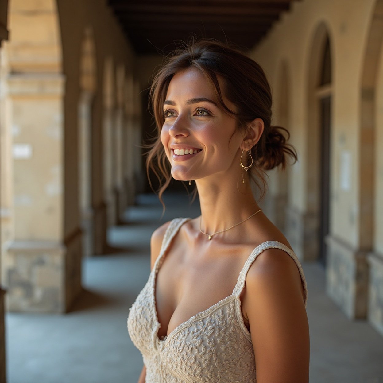 A beautiful smiling woman with a lovely bosom, looking at the architecture of an old building
