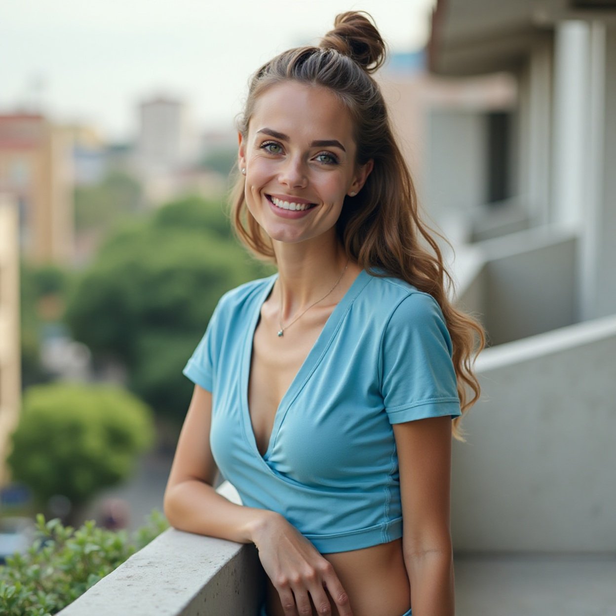 A beautiful, smiling woman with a lovely figure, dressed in a chic blue t-shirt with a low-cut neckline and exposed navel, leans over a balcony.
