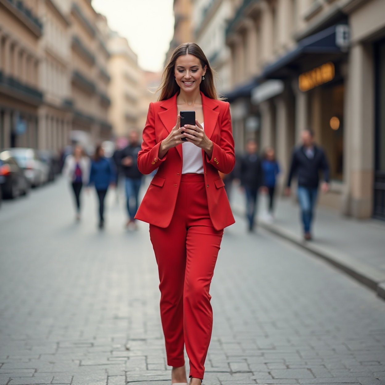 A beautiful, smiling woman with a lovely figure, dressed in a chic red suit, is walking in town and taking a picture with her mobile phone.