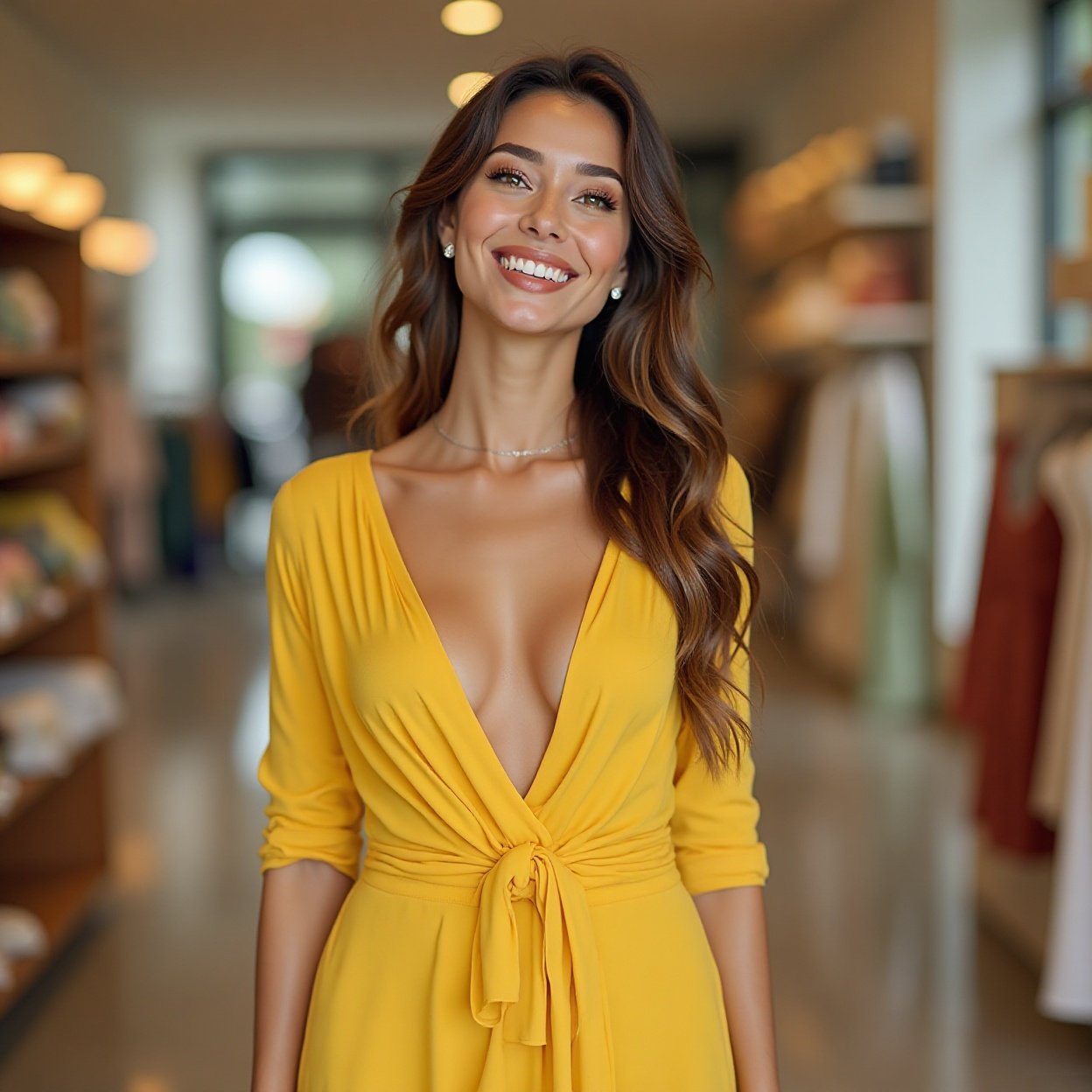 A beautiful, smiling woman with a lovely figure, dressed in yellow with a plunging neckline, is shopping
