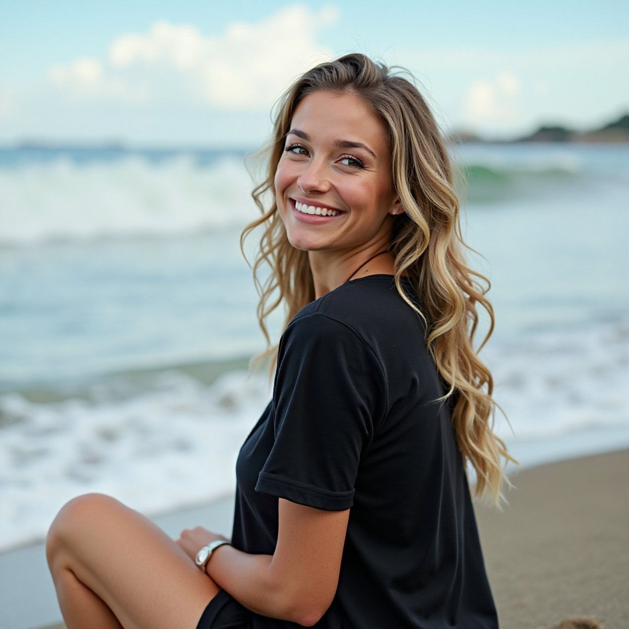 A beautiful, smiling woman with a lovely figure is sitting in a black t-shirt, watching the waves. A beautiful, smiling woman with a lovely figure is sitting in a black t-shirt, watching the waves.
