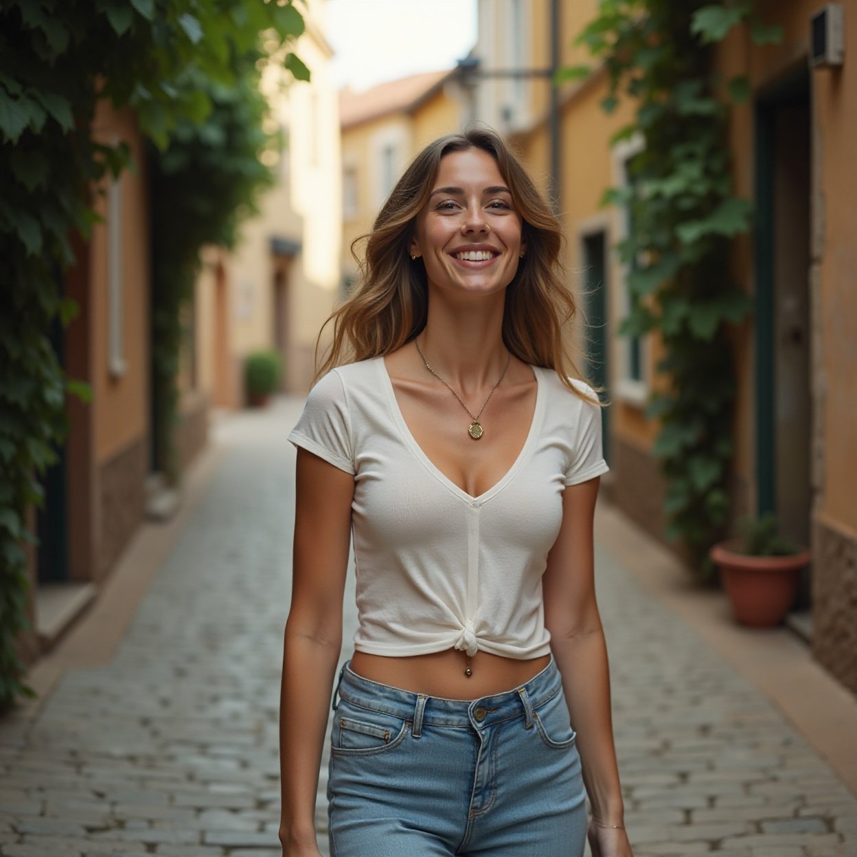 A beautiful, smiling woman with a lovely figure, wearing a low-cut t-shirt with her navel exposed, walks down a cobbled alleyway lined with ivy-covered houses.