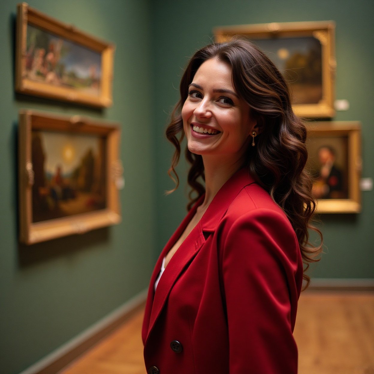 A beautiful, smiling woman with a lovely figure, wearing a red suit, looking at a painting in a museum.