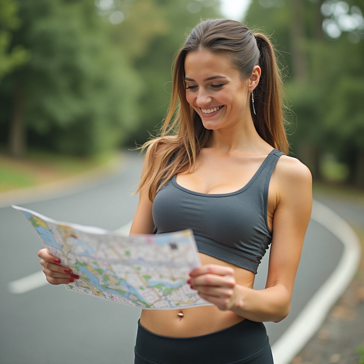 A beautiful, smiling woman with a lovely figure, wearing sportswear with her midriff exposed, is looking at her road map.